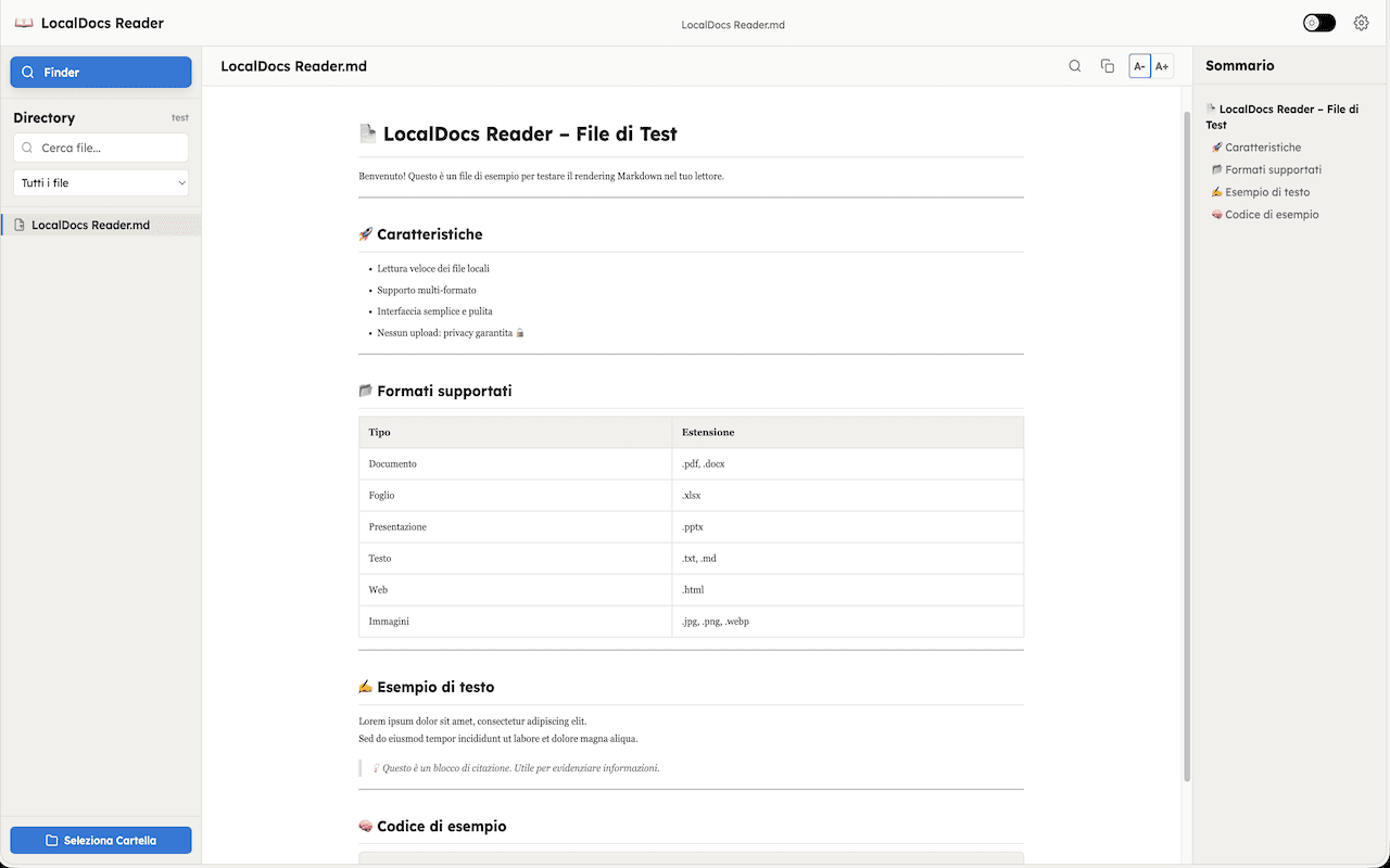 Reader — Sommario automatico e navigazione